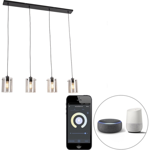 QAZQA Smart hanglamp zwart met smoke glas incl. 4 Wifi ST64 - Dome
