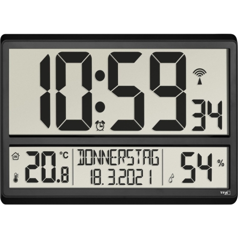 TFA Dostmann 60.4520.01 Wandklok Zendergestuurd 360 mm x 28 mm x 235 mm Zwart Groot display