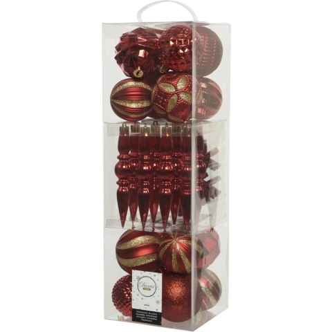 60x stuks kunststof kerstballen en ornamenten rood mix -