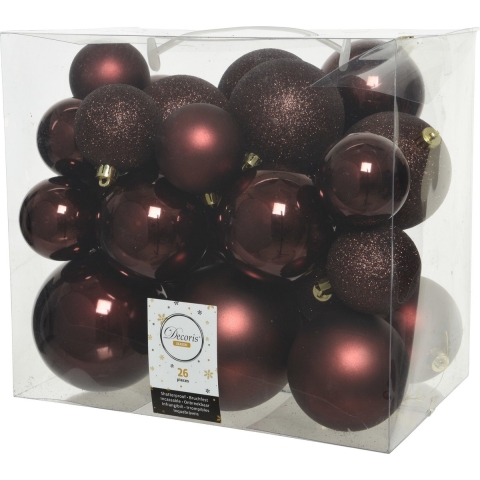 52x stuks kunststof kerstballen mahonie bruin 6-8-10 cm glans/mat/glitter -