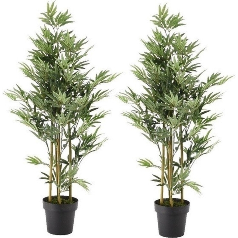 2x Groene bamboe kunstplant 125 cm in zwarte plastic pot -
