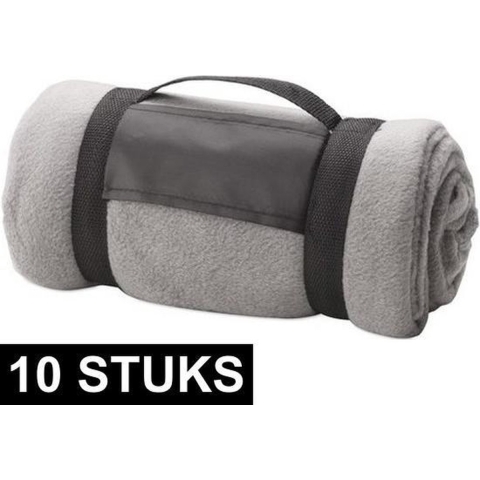 10x Fleece dekens/plaids grijs afneembaar handvat 160 x 130 cm -