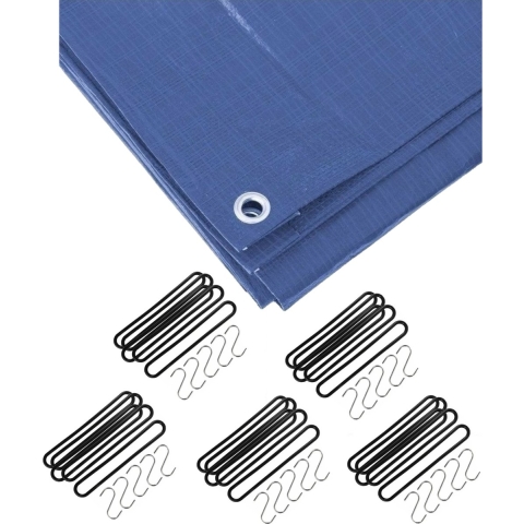 Afdekzeil / dekzeil blauw 6 x 8 meter met 25x spanrubbers en S-haken -