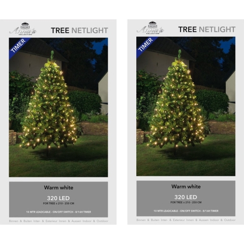 2x stuks kerstboom lichtnetten/netverlichting met timer 320 lampjes warm wit -