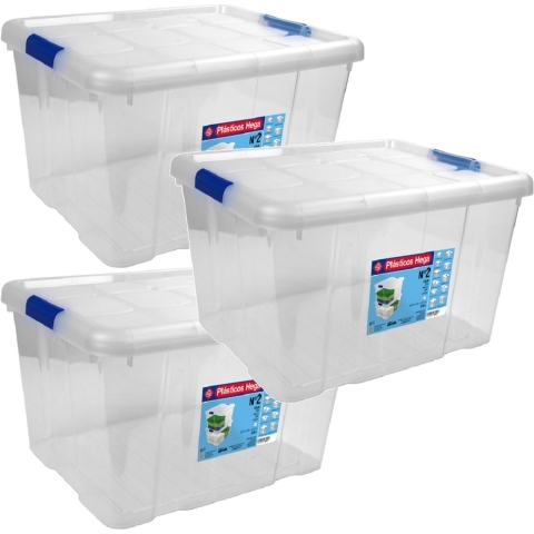 5x Opbergboxen/opbergdozen met deksel 25 liter kunststof transparant/blauw -
