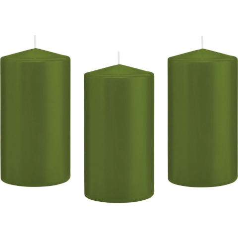 10x Olijfgroene cilinderkaarsen/stompkaarsen 8 x 15 cm 69 branduren -