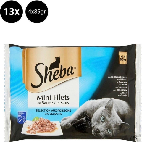 13x Sheba Mini Filets Adult Kattenvoer Natvoer Vis Selectie in Saus Kuipjes 340 gr