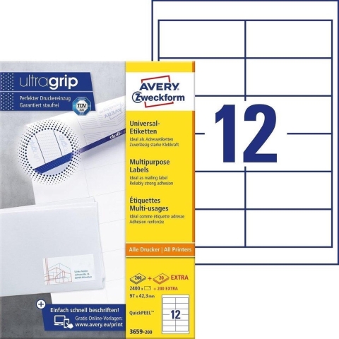 Avery-Zweckform 3659-200 Universele etiketten 97 x 42.3 mm Papier Wit 2640 stuk(s) Permanent hechtend Inkjet, Laser (zwart/wit), Laser (kleur), Kopiëren