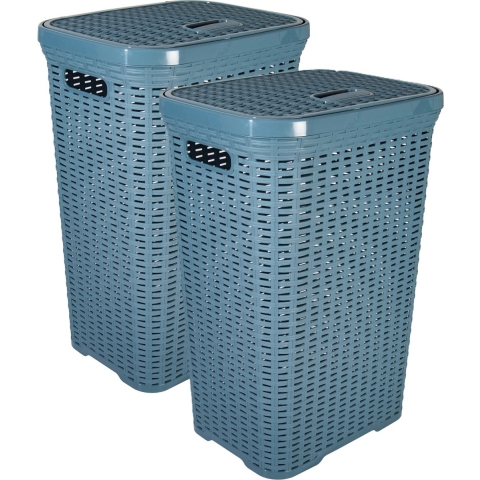 Wasmand met deksel Rotan - 2x - denim blauw - gevlochten kunststof - 60 liter - 34 x 43 x 62 cm -