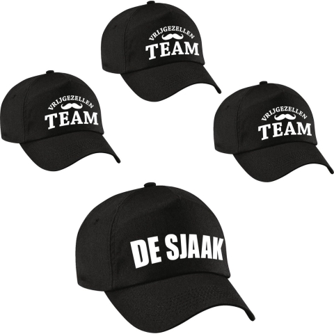 Vrijgezellenfeest heren petjes pakket - 1x De Sjaak zwart + 9x Vrijgezellen team zwart -