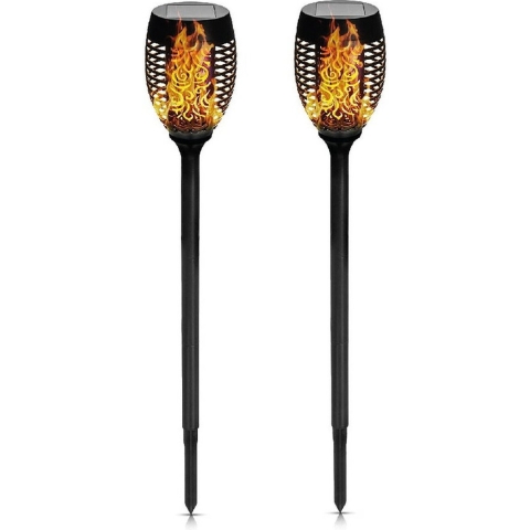 Solar tuinlamp - 8x - zwart - LED flame effect - oplaadbaar - D12 x H74 cm -