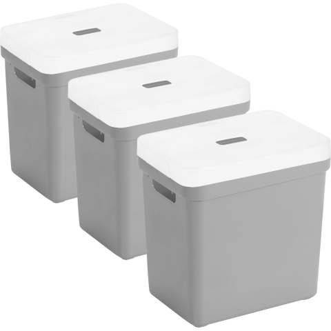 Set van 3x opbergboxen/opbergmanden lichtgrijs van 25 liter kunststof met transparante deksel -