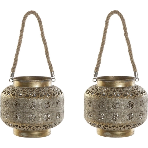 2x stuks kaarshouder/windlicht goud metaal 26 x 22 cm met touw -