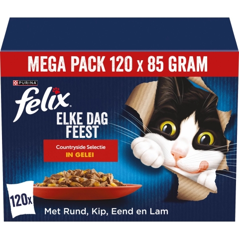 120 x 85g Felix Elke Dag Feest: Rund, Kip, Eend en Lam Kattenvoer