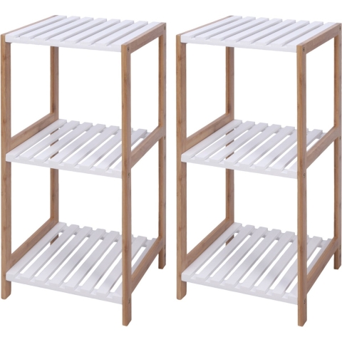 2x stuks bamboe houten bijzet kastjes/badkamer rekjes wit/bruin met 3 planken 33 x 34 x 79 cm -