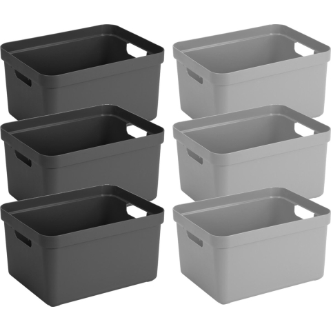 opbergboxen/opbergmanden - 6x stuks - 32 liter - kunststof - 45 x 35 x 24 cm - zwart/grijs -