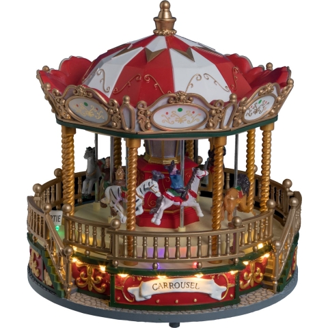 Kerstdorp draaimolen/carrousel - draaiend - met led verlichting en muziek - 23,5 cm -