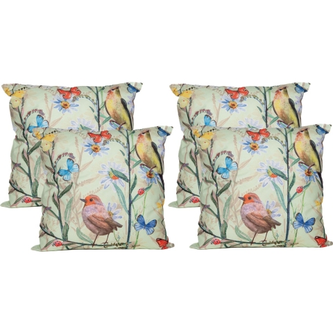 Sierkussen voor binnen en buiten - 4x - vogels - lichtgroen - 60 x 60 cm - tuinkussen -