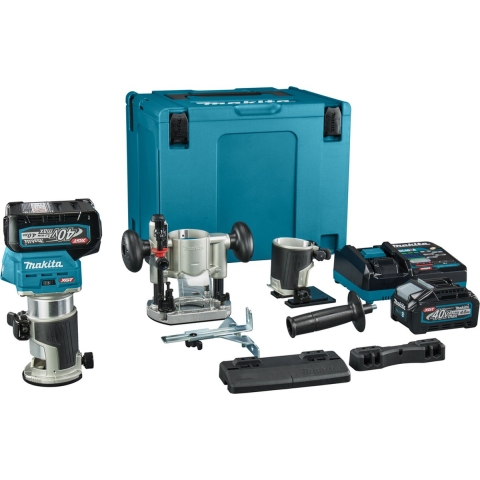 Makita RT001GM206 Boven- en kantenfrees | 40 V Max | 2 x 4.0 Ah accu + snellader | Incl. diverse voeten + geleiderail adapter | In Mbox - RT001GM206