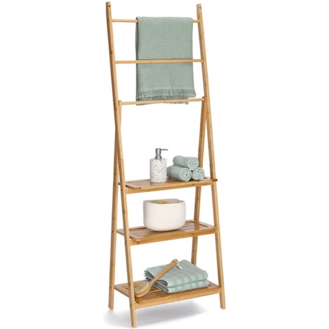 Handdoeken ophangrek/houder met 3 planken - badkamer - bamboe hout - 53 x 30 x 153 cm - naturel -