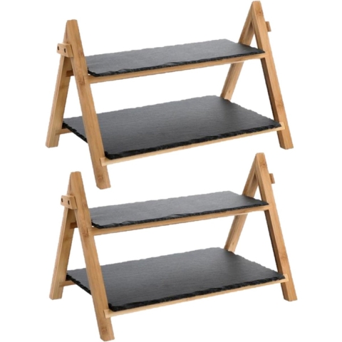 Set van 2x stuks dubbele Leisteen/bamboe serveerplank voor voedsel en hapjes 40 x 25 x 27 cm -