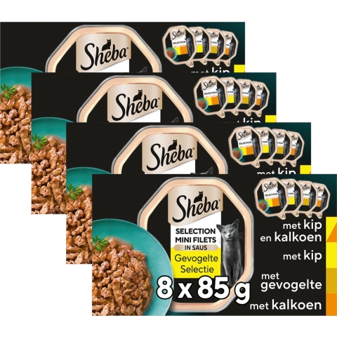 4x Sheba Mini Filets Adult Kattenvoer Natvoer Gevogelte in Saus Kuipjes 680 gr