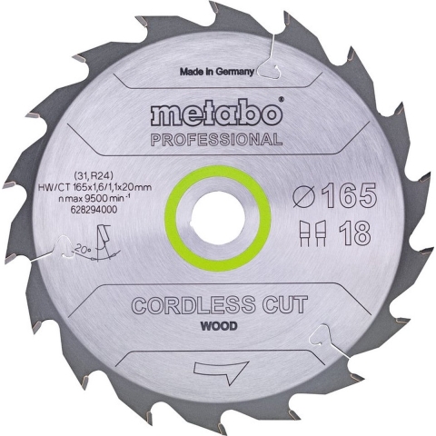 Metabo Cirkelzaagblad Cordless Cut Wood - Professional | 165 x 1.6 x 20 mm | Z36 WZ 15° - 628295000