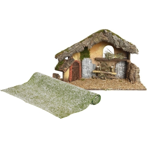 Lege kerststal - L50 x B23 x H31 cm - incl. gras ondergrond/achtergrond - besneeuwd -