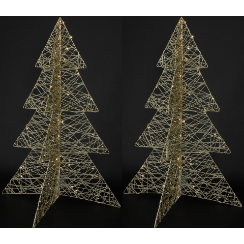Lichtboompjes/kerstboompjes 3D - 2x - H76 cm - goud - metaal - 60 leds warm wit -verlichte figuren -