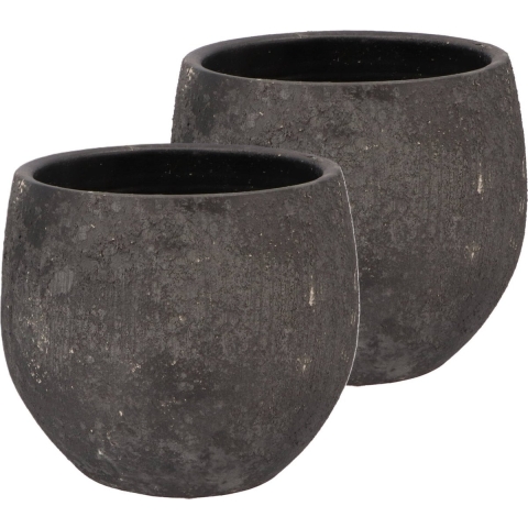 DK Design Bloempot rond model Maya - 2x - verweerd zwart - D21 x H24 cm - rustiek -