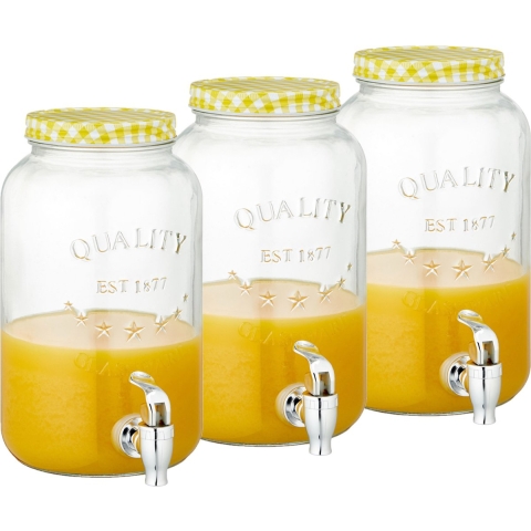 Set van 3x stuks glazen drankdispensers/limonadetap met geel/wit geblokte dop 3,5 liter -