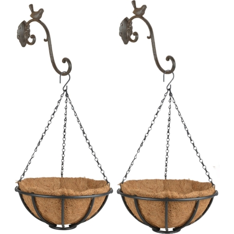 Set van 2x stuks Hanging baskets 30 cm van metaal met ijzeren muurhaken - complete hangmand set -