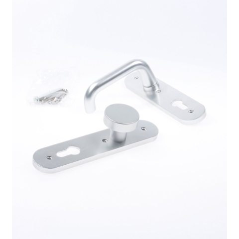 Nemef 3253 FP Ls Beslag kortschild afgerond | D kruk-knop | beslagset | geveerd | krukstift 8mm | F1 aluminium | PC72-PC72 | draairichting links -
