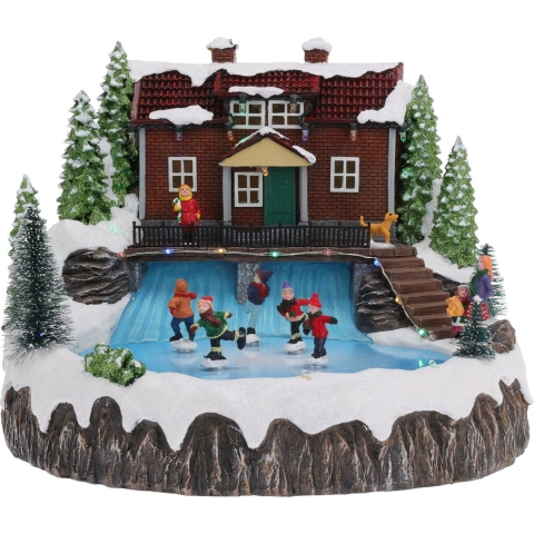 Kerstdorp huis met bewegende schaatsers, muziek en licht - 29x28x23 cm -