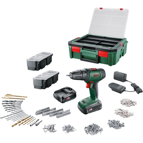 Bosch Groen Universal Drill 18V | Accuschroefboormachine | 2 x 1.5 Ah accu + lader | Incl. accessoires + SystemBox - 06039D4003
