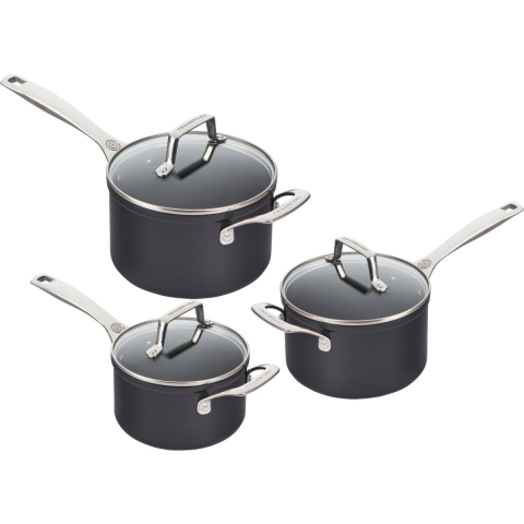 Le Creuset Steelpannenset met Glazen Deksels Essential Non-Stick Ceramic - keramische anti-aanbaklaag 3-delig