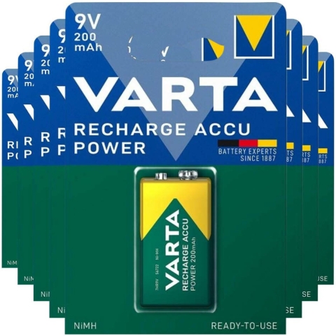 8x Varta Recharge Accu Power Oplaadbare Batterijen 9V 200mAh