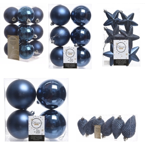 Kerstversiering kunststof kerstballen donkerblauw 6-8-10 cm pakket van 68x stuks -