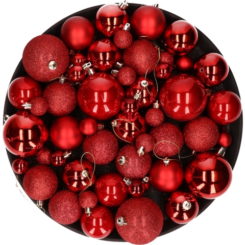 Kerstversiering set kerstballen rood 6 - 8 - 10 cm - pakket van 62x stuks -