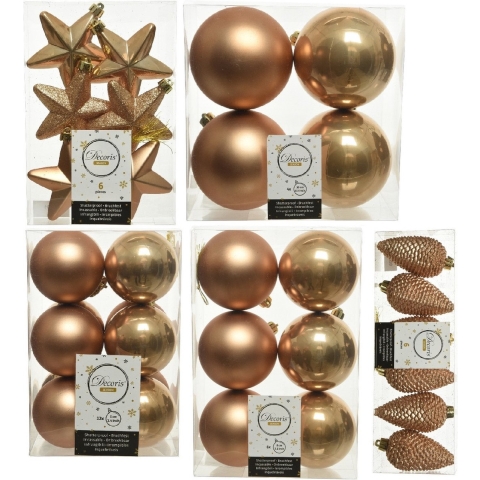 Kerstversiering kunststof kerstballen camel bruin 6-8-10 cm pakket van 62x stuks -