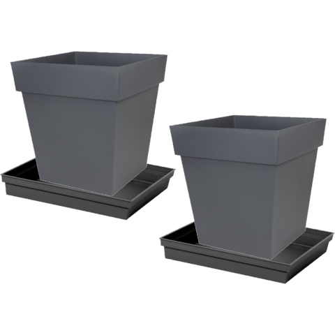 Set van 3x stuks bloempotten Toscane vierkant kunststof antraciet 39 x 39 x 39 cm inclusief ondersch -