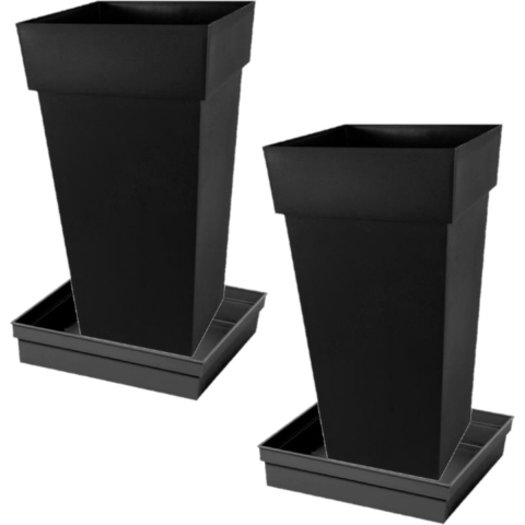Set van 2x stuks bloempotten Toscane vierkant kunststof antraciet 43 x 43 x 80 cm inclusief ondersch -