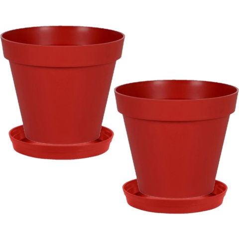 Set van 3x stuks bloempotten Toscane kunststof rood D40 x H32 cm inclusief onderschalen D35 cm -