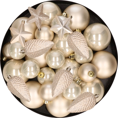 Kerstversiering kunststof kerstballen parel/champagne 6-8-10 cm pakket van 62x stuks -