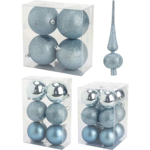 Kerstversiering set kerstballen met piek ijsblauw 6 - 8 - 10 cm - pakket van 63x stuks -