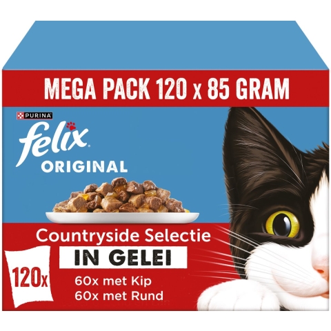 Jumbo verpakking: 120x85g Felix Classic Pouches Rund en Kip nat kattenvoer