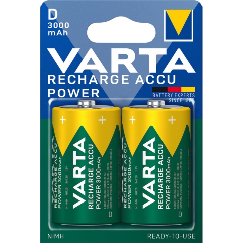 50x Varta Recharge Accu Power Oplaadbare Batterijen D 3000mAh 2 stuks