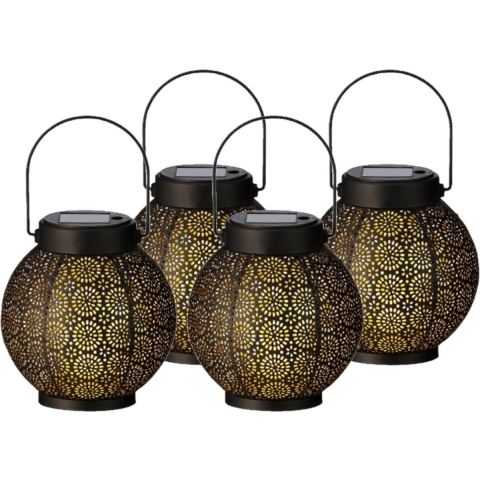 4x stuks solar lantaarn met cirkel patroon metaal zwart 16 cm -
