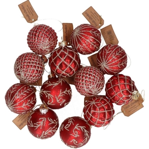 Kerstballen set - 24x - rood - glas - met sjieke gouden decoratie - 6 cm - kerstversiering -