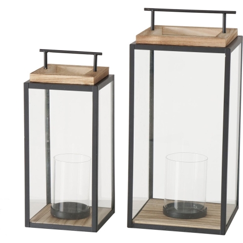 Boltze Home Lantaarn Damiano Set A 2 Stuks Hout, Metaal En Glas H35cm En H45cm